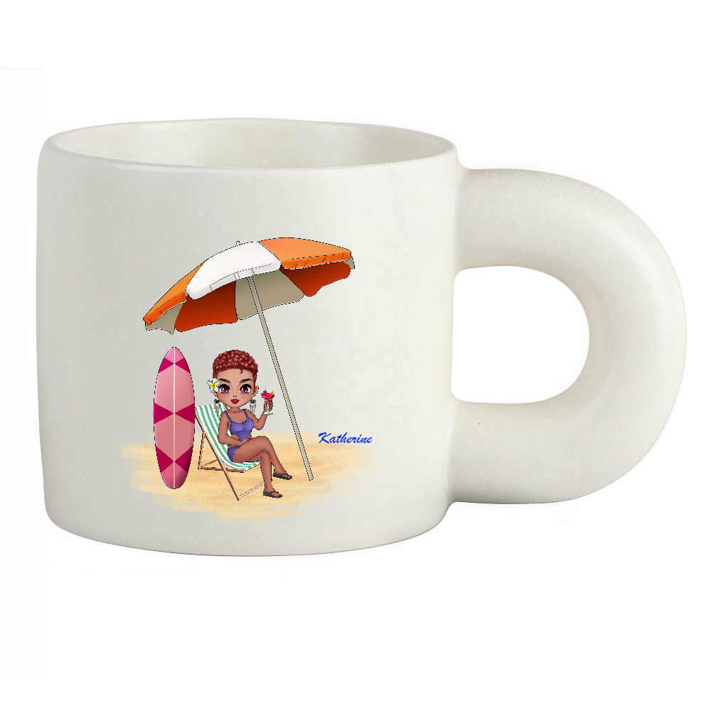Personalized Cartoon Beach Girl Coffee Cup Ceramic Mug With Chubby Big Ear Birthday Gift for Her