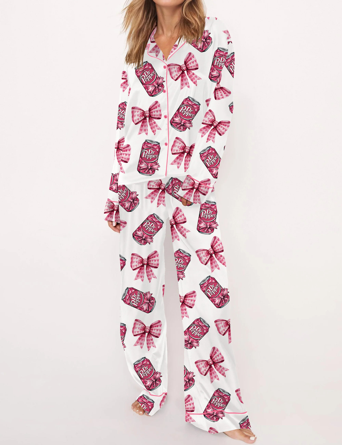 Pink Coquette Pepper Drink Satin Pajama Set For Women	