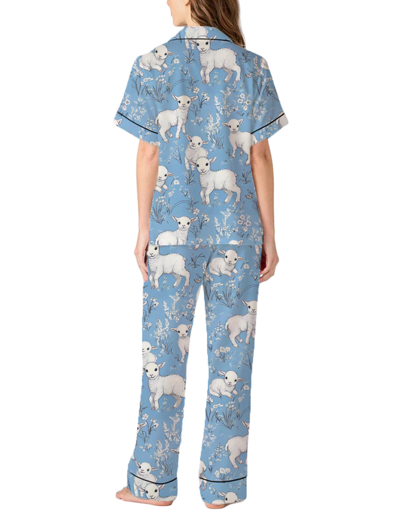 Cute Sheep Animal With Floral Pastoral Toile Satin Pajama Pants Set For Women