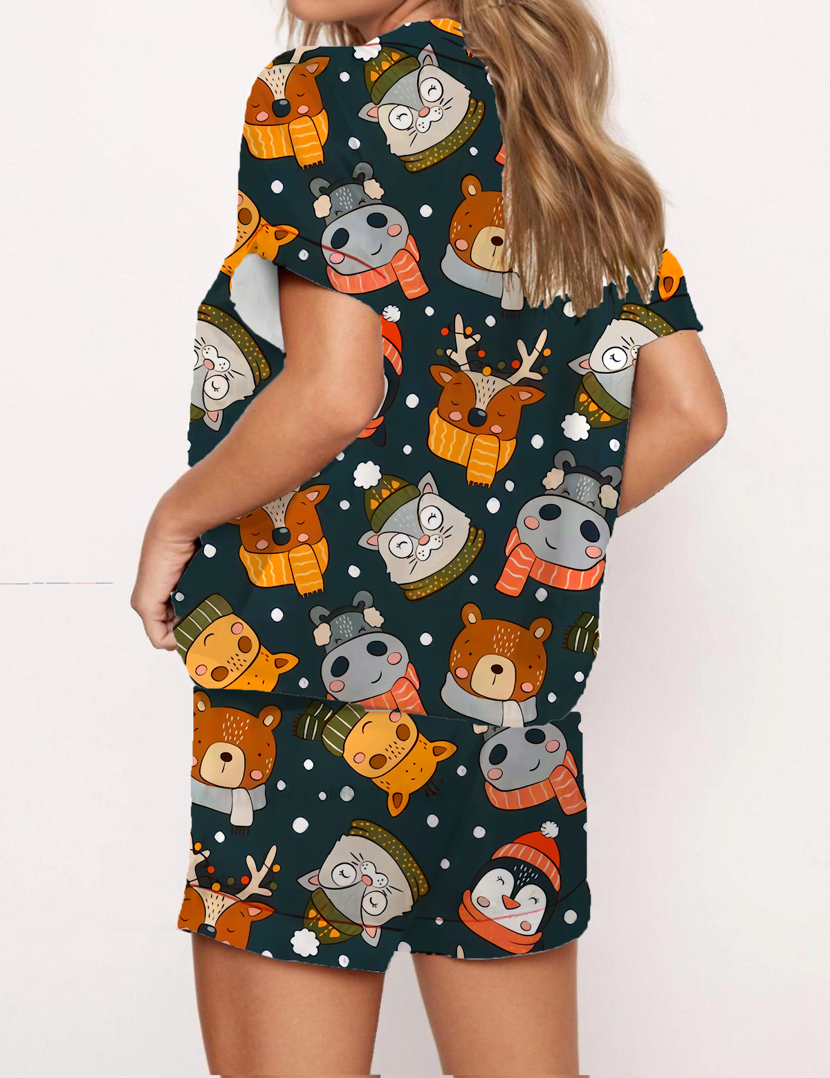 Christmas Cartoon Animals Silky Satin Pajama Short Set For Women