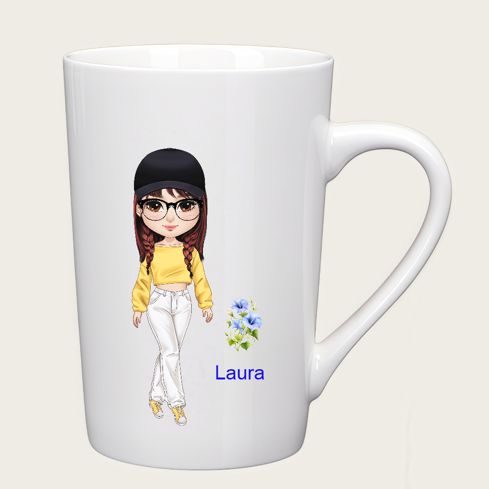 Personalized Cartoon Chibi Girl Coffee Cup Cartoon Ceramic Mug With Birth Flower and Name Birthday Gift for Women
