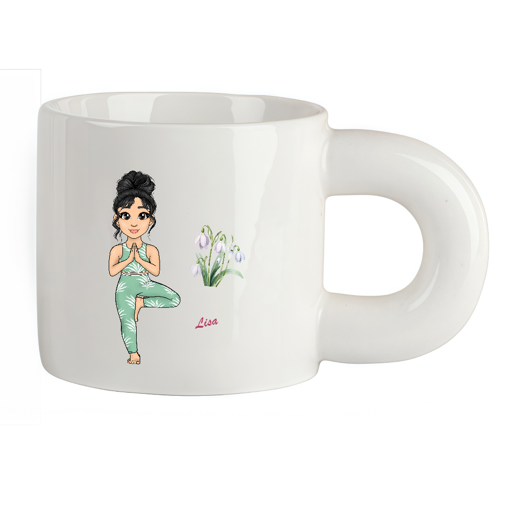 Personalized Cartoon Sports Yoga Fitness Girl Coffee Cup Cartoon Ceramic Mug Chubby Big Ear Cup With Birth Flower and Name Birthday Gift for Women