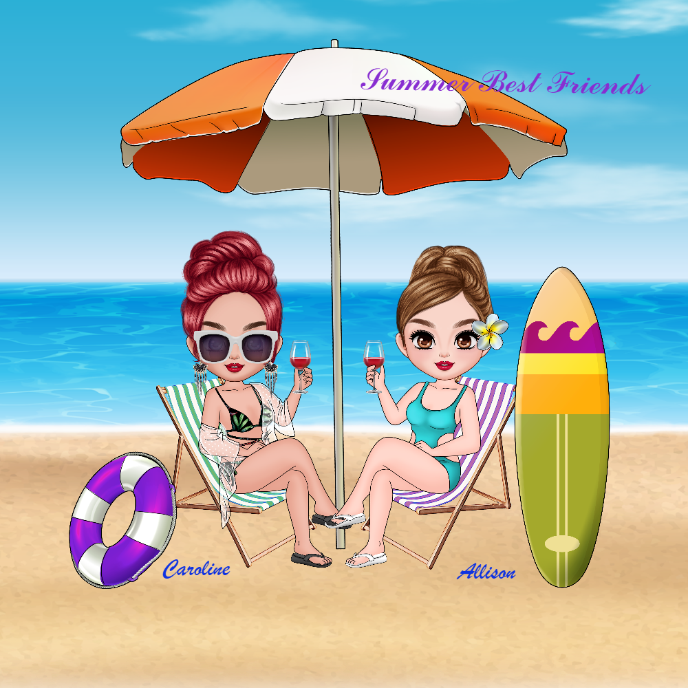 Printable Digital File Personalized Cute Cartoo Character Summer Best Friends with Name Digital PNG Download