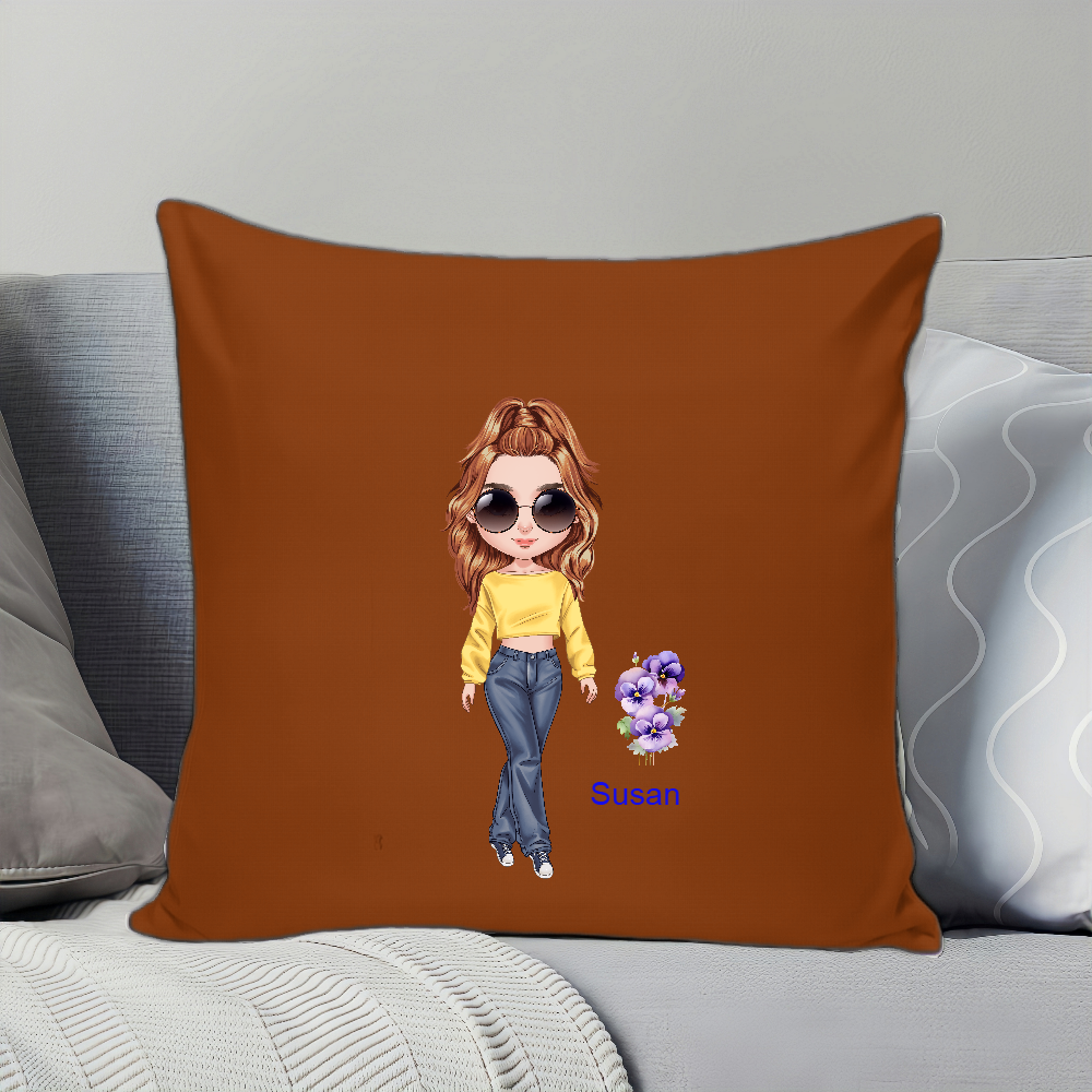 Personalized  Cartoon Character Girl Soft Throw Pillow Cover with Name Birth Flower Gift for Sisters Friends