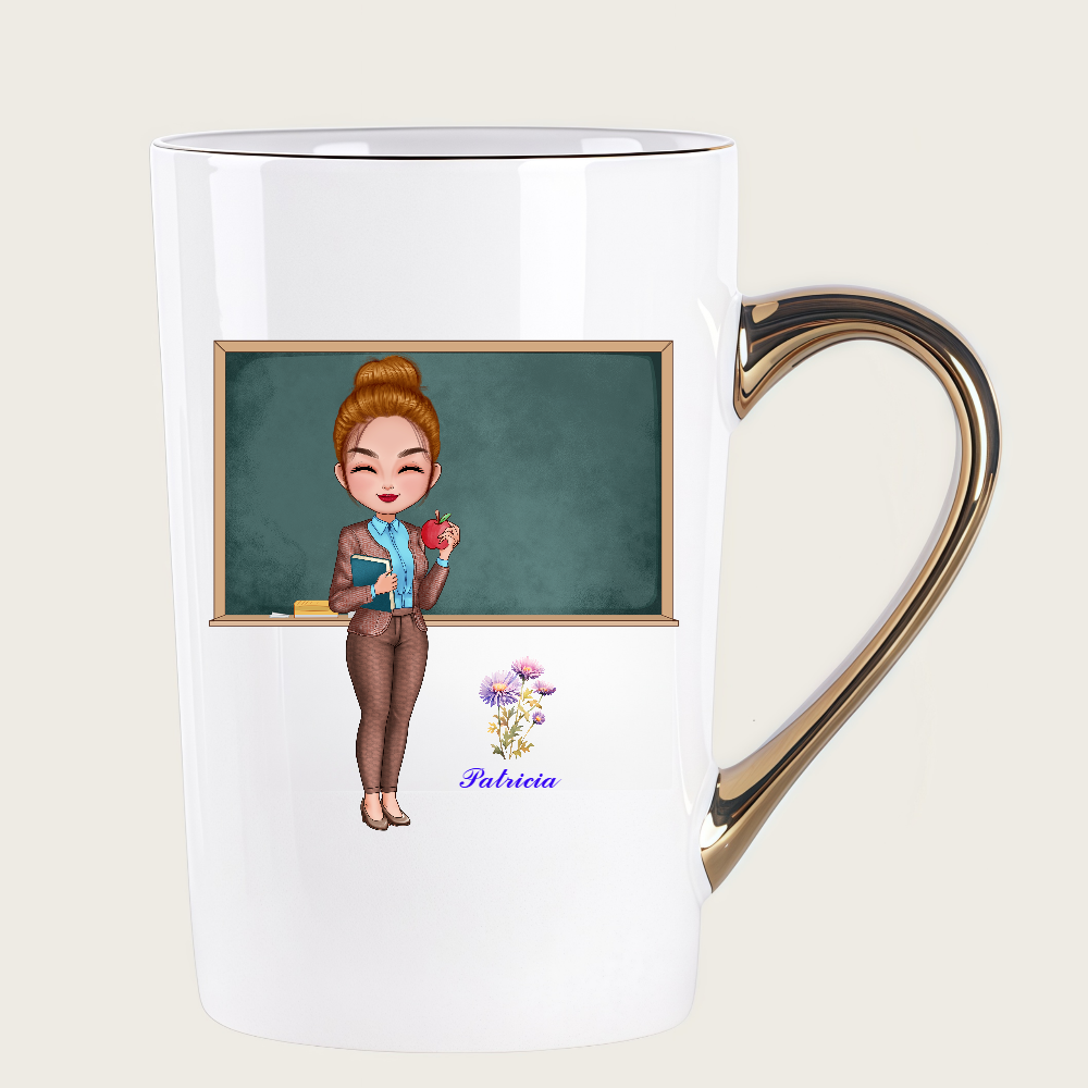Personalized Teacher Coffee Digital Cup Cartoon Ceramic Mug with Birth Flower and Name Back to School Appreciation Gift for Teacher