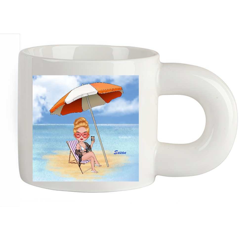 Personalized Cartoon Beach Girl Coffee Cup Ceramic Mug With Chubby Big Ear Birthday Gift for Her