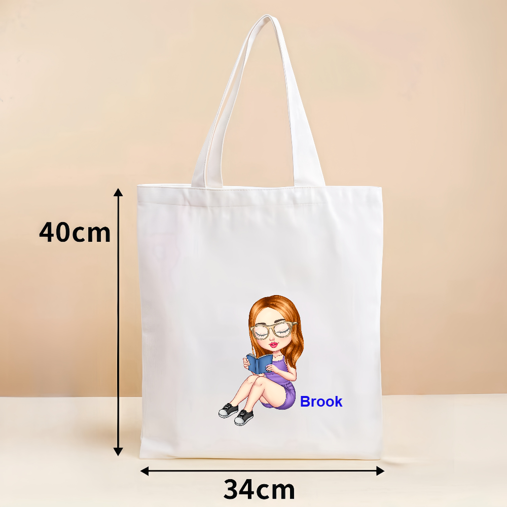 Personalized Cartoon Character Women Girl Name Tote Bag Gift for Book Lovers Bookworms