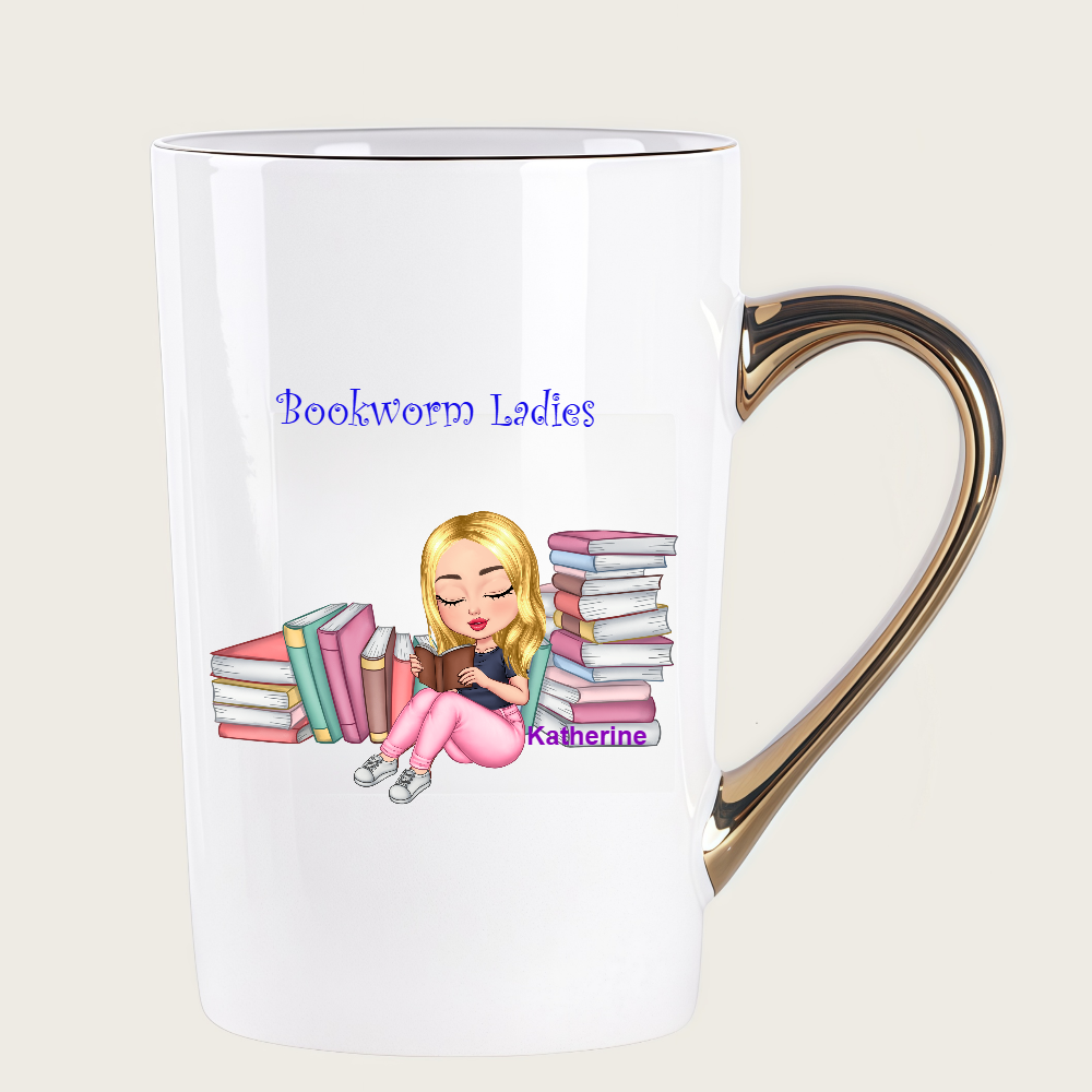 Personalized Bookworm Ladies Digital Cup Cartoon Ceramic Mug With Name Birthday Gift for Family Friend Bookworms Book Lovers