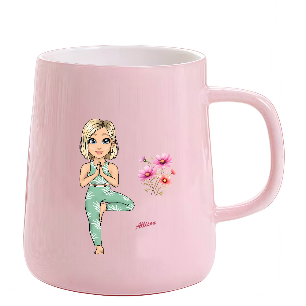 Personalized Cartoon Sports Yoga Fitness Girl Coffee Cup Cartoon Ceramic Mug With Birth Flower and Name Birthday Gift for Women