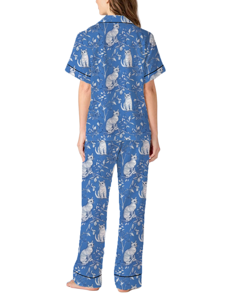 Cat Toile Satin Pajama Pants Set For Women