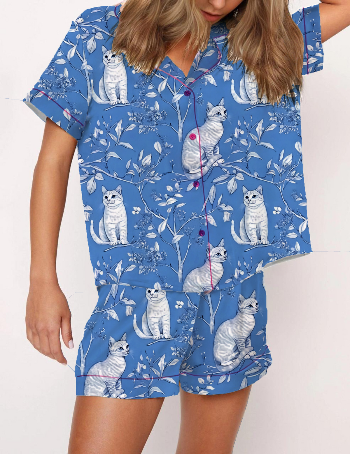Cat Toile Silky Satin Pajama Short Set For Women