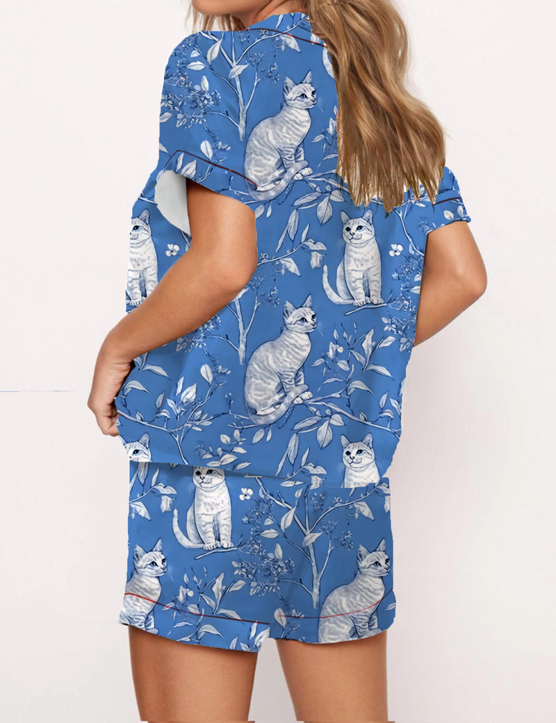 Cat Toile Silky Satin Pajama Short Set For Women