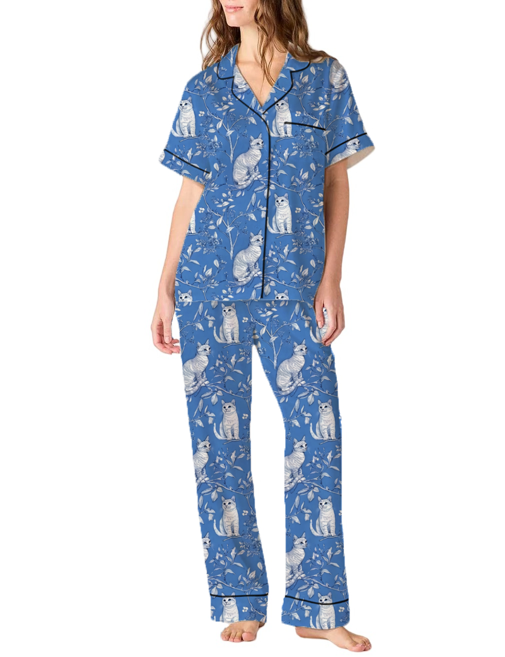 Cat Toile Satin Pajama Pants Set For Women