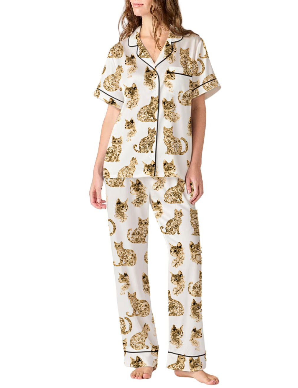 Cat Toile Satin Pajama Pants Set For Women