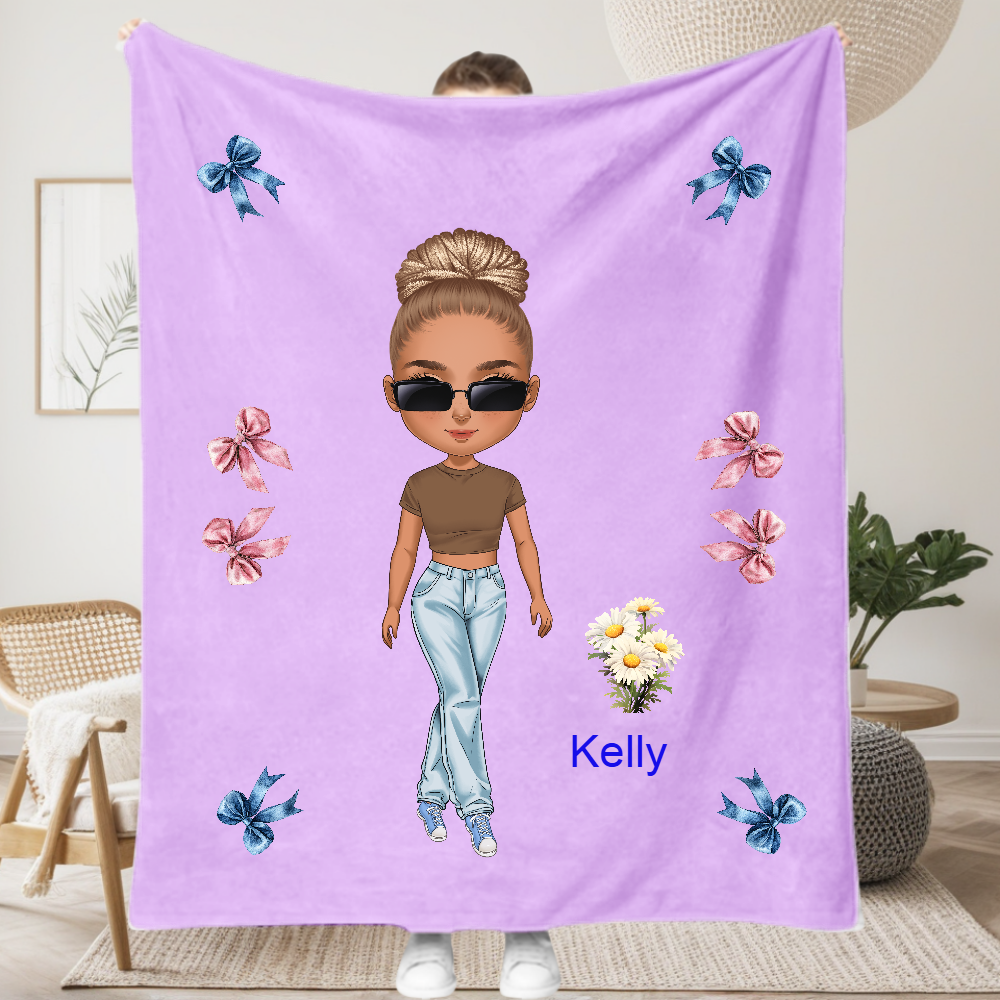 Personalized Cartoon Character Chibi Girl Soft Throw Blanket with Names and  Birth Flower Home Decor Gift for Women Girls