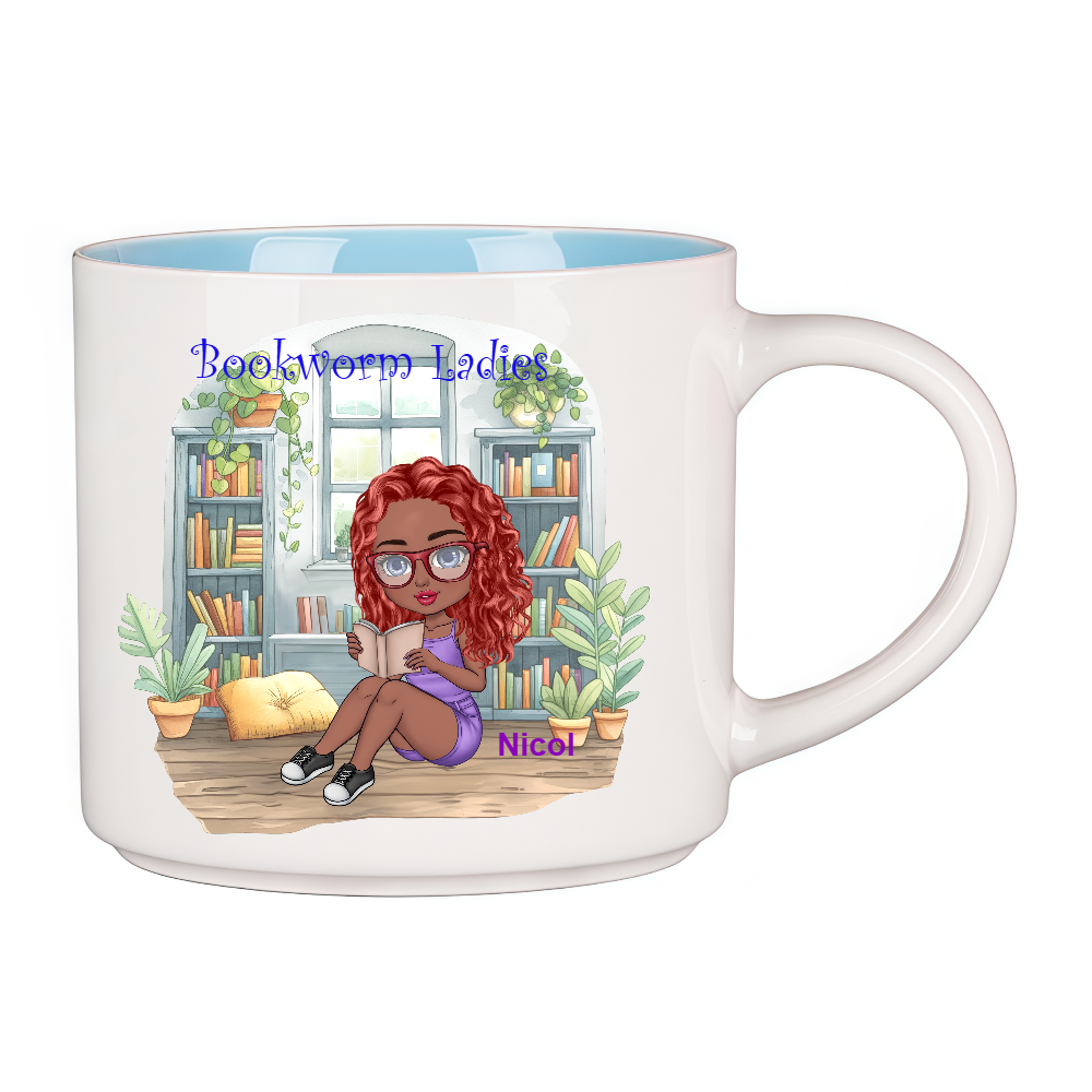 Personalized Bookworm Ladies Coffee Cup Cartoon Ceramic Mug With Name Birthday Gift for Family Friend Bookworms Book Lovers