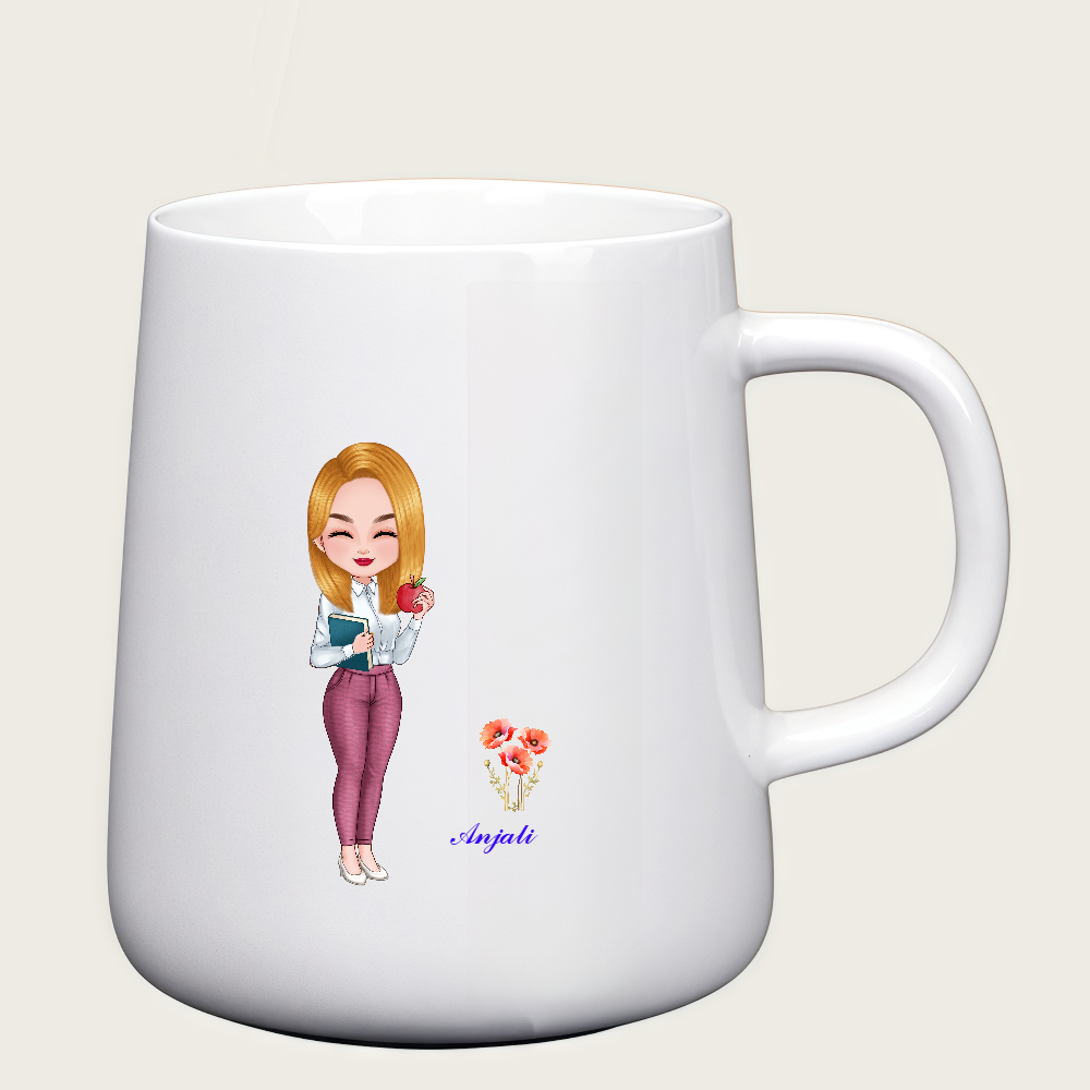 Personalized Teacher Coffee Cup Cartoon Ceramic Mug with Birth Flower and Name Back to School Appreciation Gift for Teacher