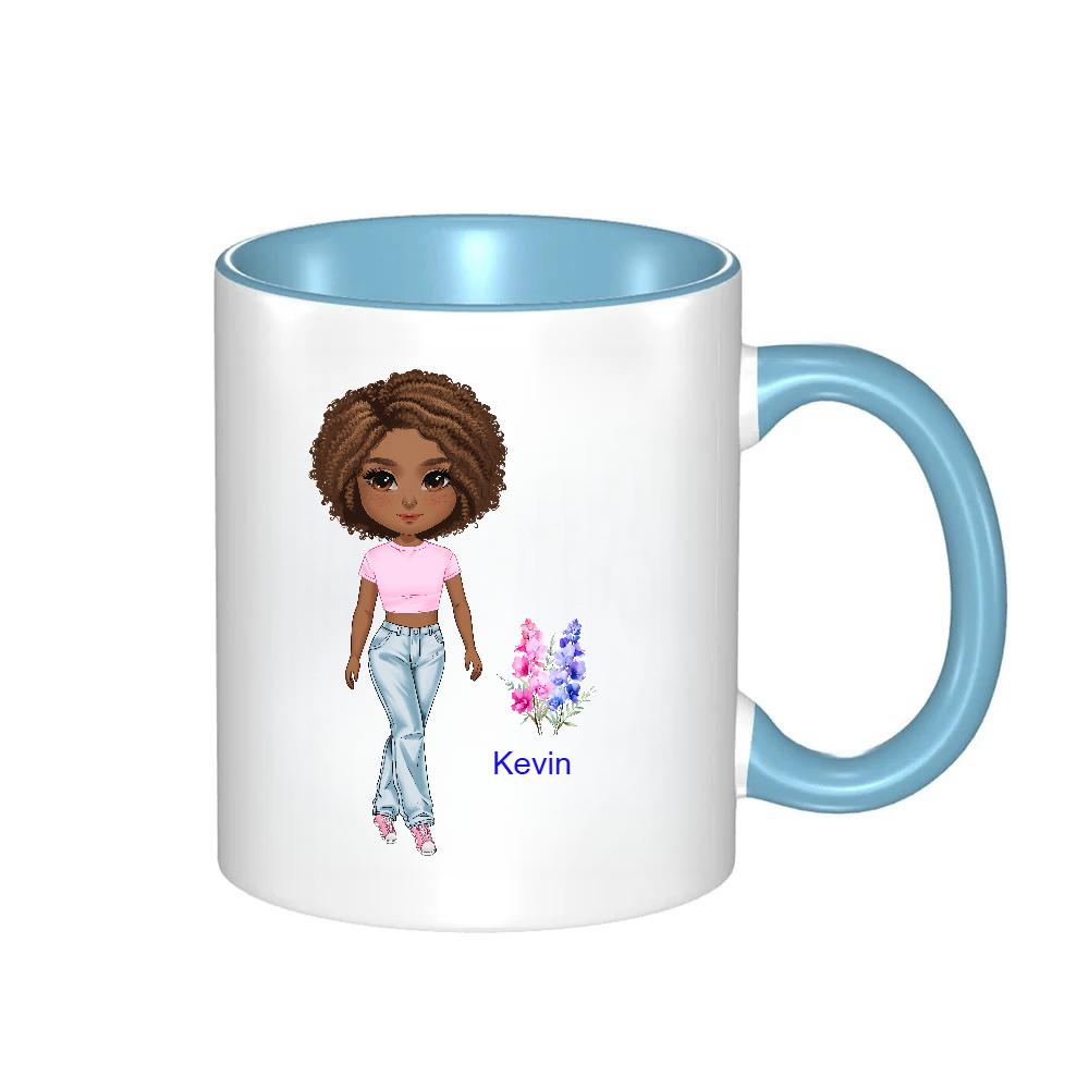 Personalized Cartoon Chibi Girl Coffee Cup Cartoon Ceramic Mug With Birth Flower and Name Birthday Gift for Women