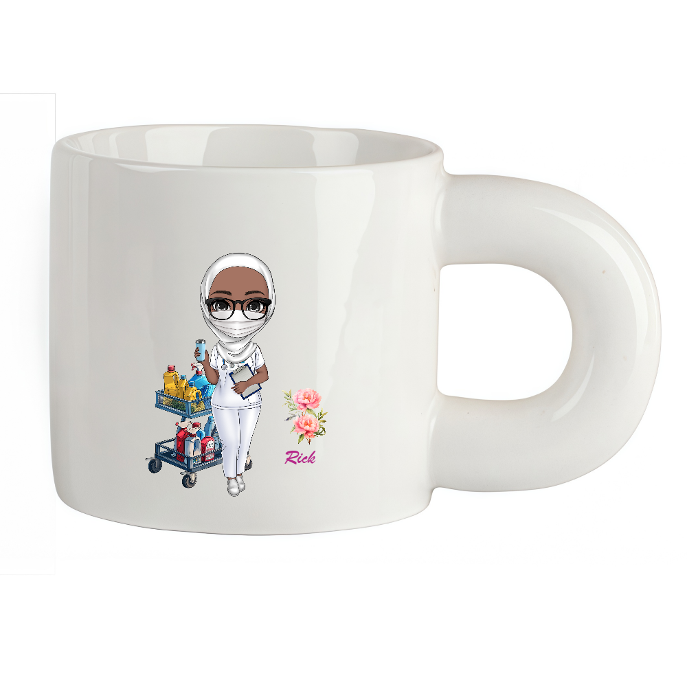 Personalized Doctor Coffee Cup Cartoon Ceramic Mug  With Chubby Big Ear Cup with Birth Flower and Name