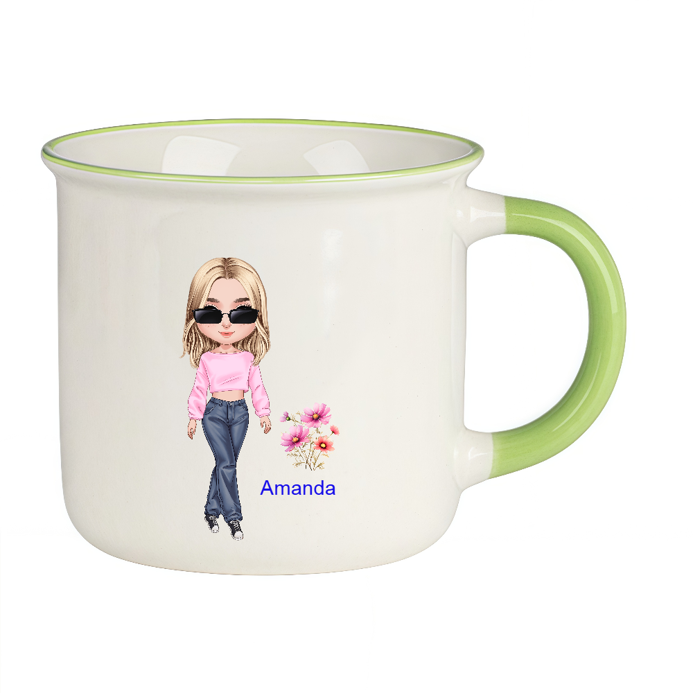 Personalized Cartoon Chibi Girl Coffee Cup Cartoon Ceramic Mug With Birth Flower and Name Birthday Gift for Women