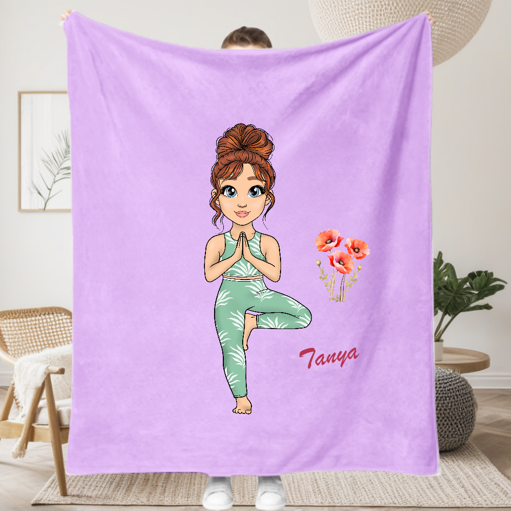 Personalized Cartoon Character Yoga Fitness Girl Soft Throw Blanket with Names and  Birth Flower Home Decor Gift for Women Girls
