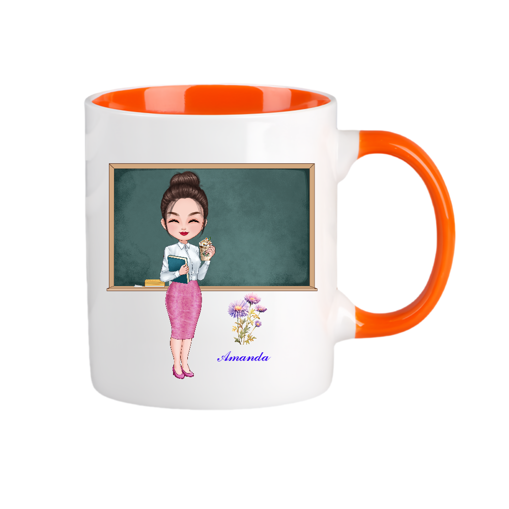 Personalized Teacher Coffee Cup Cartoon Ceramic Mug with Birth Flower and Name Back to School Appreciation Gift for Teacher
