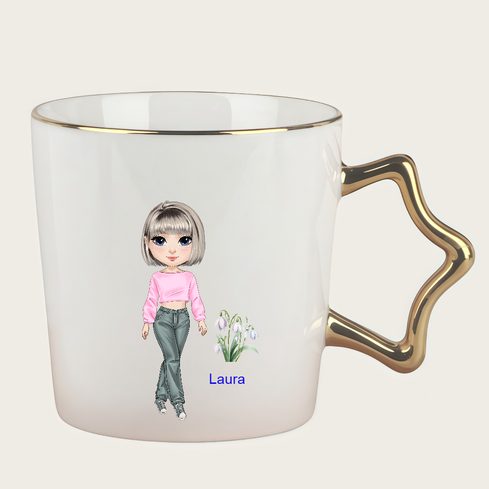 Personalized Cartoon Chibi Girl Coffee Cup Cartoon Ceramic Mug Star Handle Cup With Birth Flower and Name Birthday Gift for Women