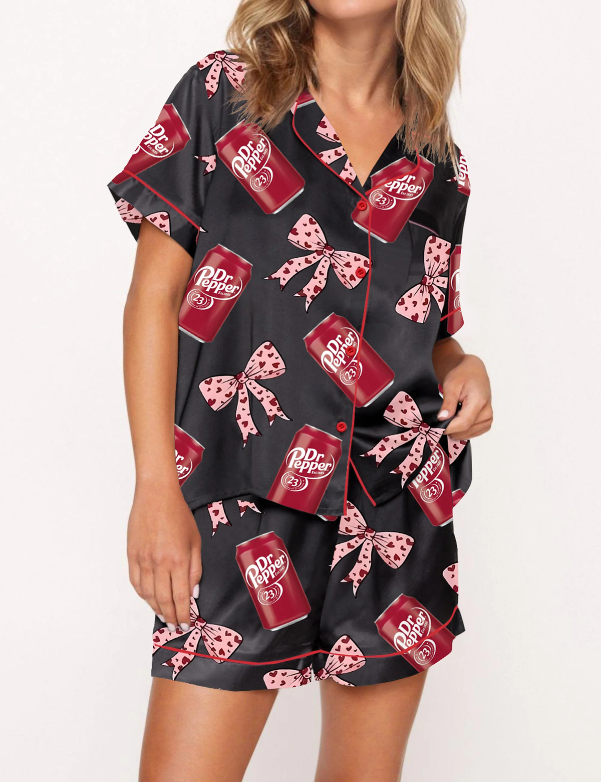Pepper Drink Pink Coquette Bow Satin Pajama Set For Women	
