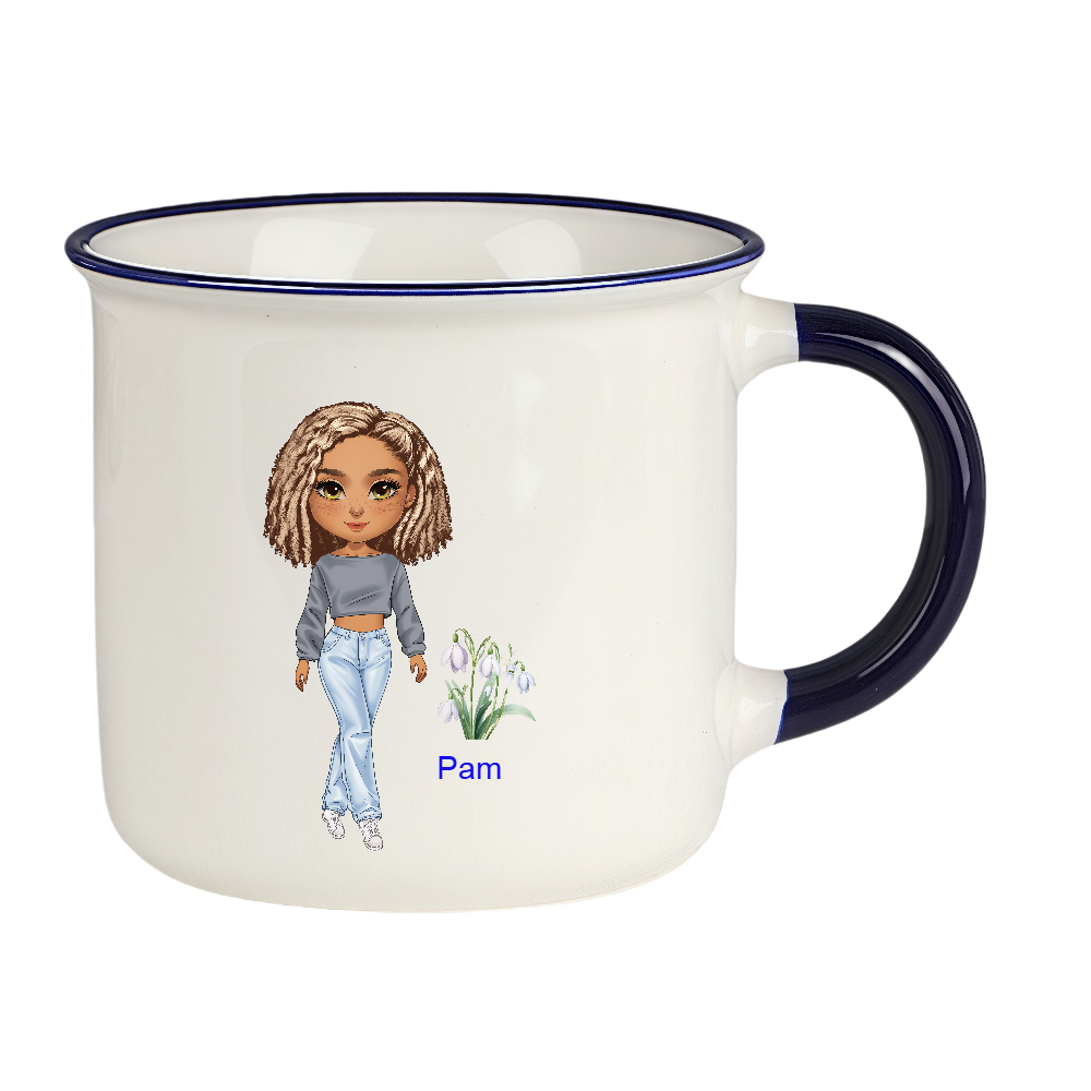 Personalized Cartoon Chibi Girl Coffee Cup Cartoon Ceramic Mug With Birth Flower and Name Birthday Gift for Women
