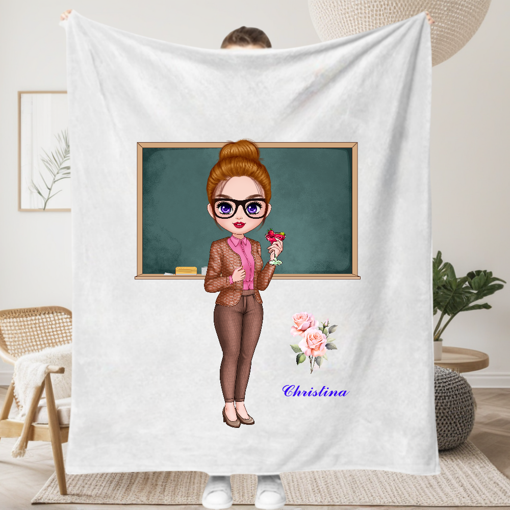 Personalized Teacher Cartoon With Birth Flower Soft Throw Blanket Back to School Teacher's Day Gift for Teacher