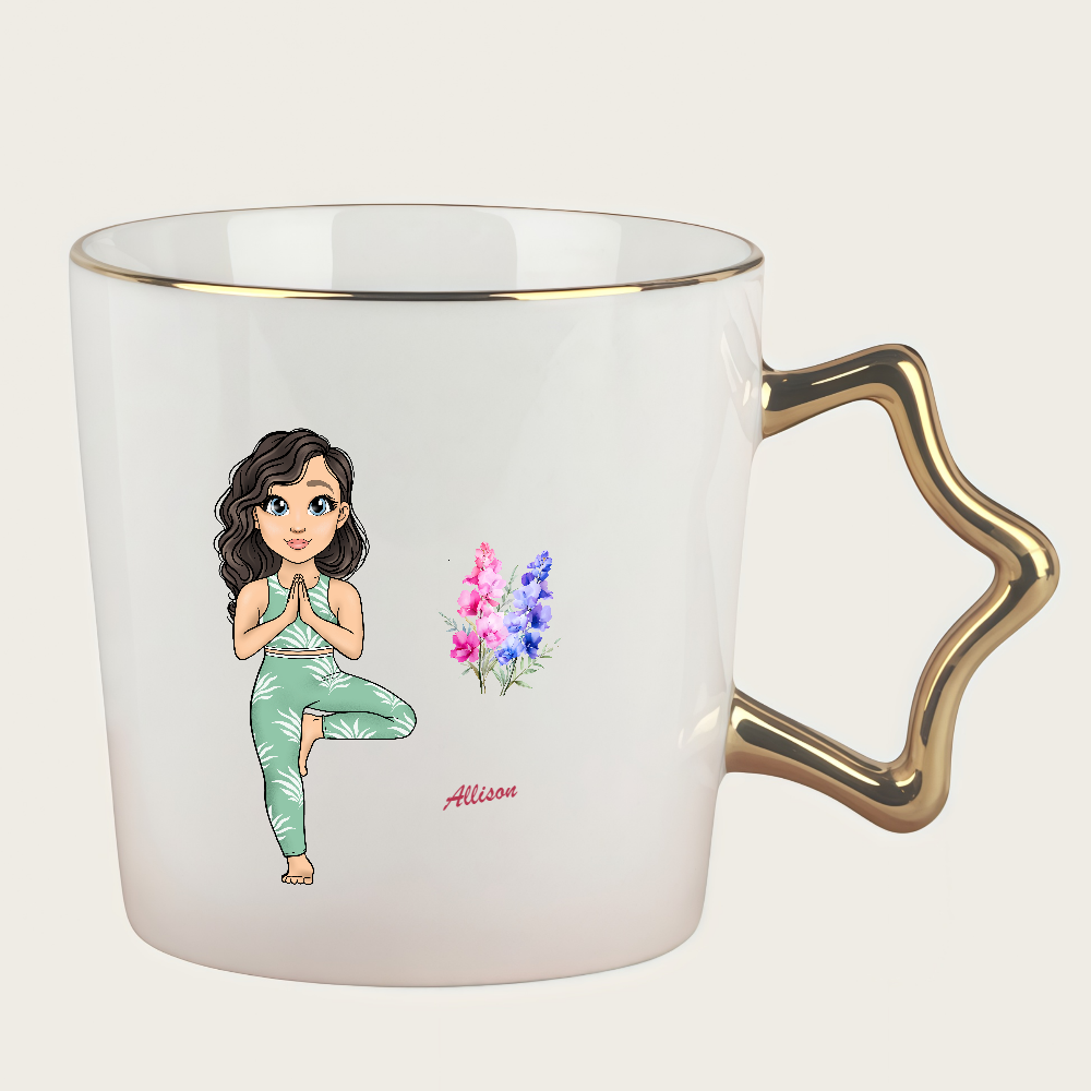 Personalized Cartoon Sports Yoga Fitness Girl Coffee Cup Cartoon Ceramic Mug Star Handle Cup With Birth Flower and Name Birthday Gift for Women