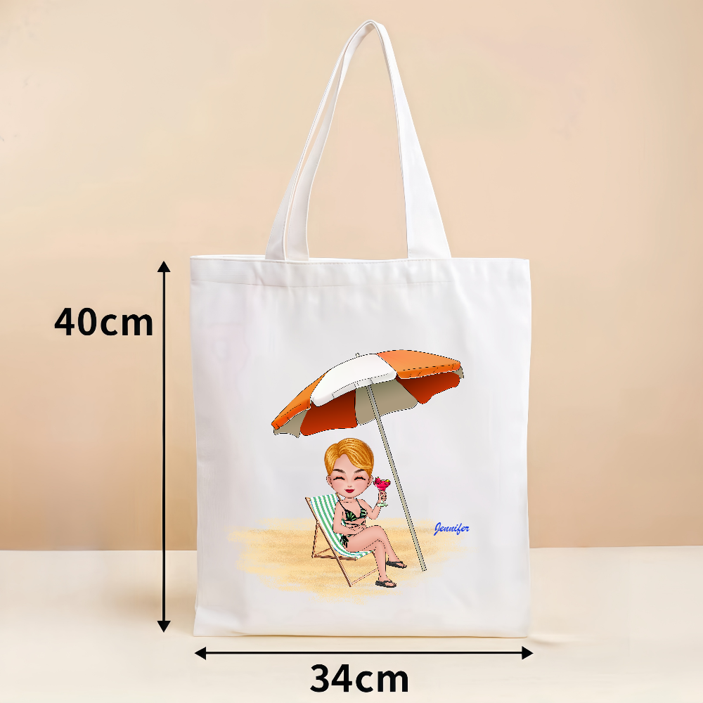 Personalized Cartoon Beach Girl Canvas Bag with Name Beach Party Favor Birthday Gift for Her