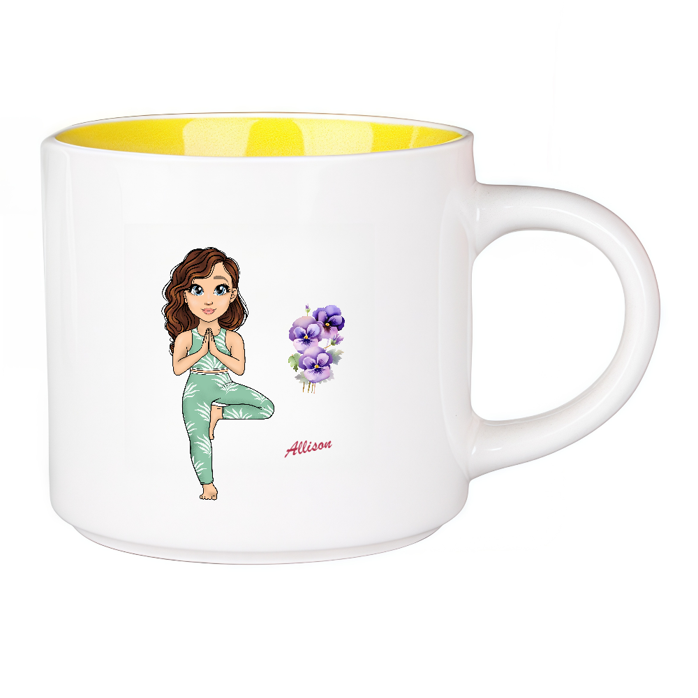 Personalized Cartoon Sports Yoga Fitness Girl Coffee Cup Cartoon Ceramic Mug With Birth Flower and Name Birthday Gift for Women