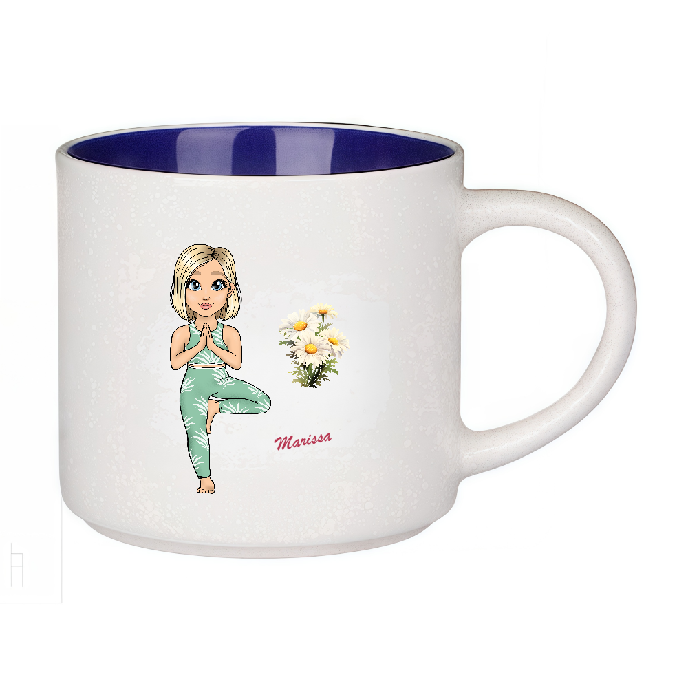 Personalized Cartoon Sports Yoga Fitness Girl Coffee Cup Cartoon Ceramic Mug With Birth Flower and Name Birthday Gift for Women