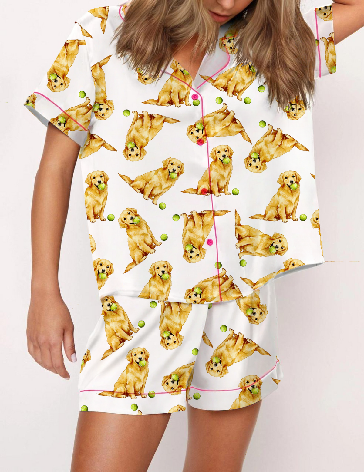Golden Retriever Tennis Silky Satin Pajama Short Set For Women