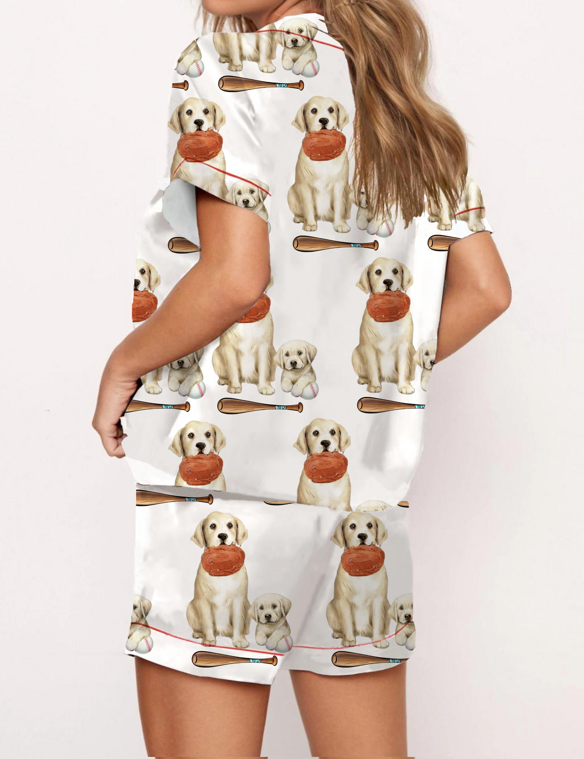 Golden Retriever Baseball Silky Satin Pajama Short Set For Women