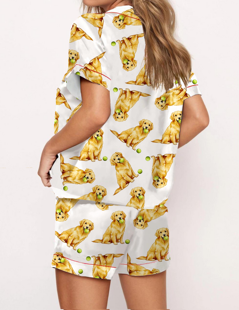 Golden Retriever Tennis Silky Satin Pajama Short Set For Women