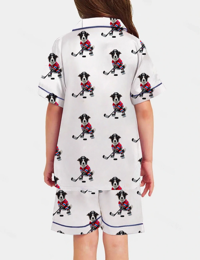Border Collie Ice Hockey Kid's Short Sleeve  Silky Satin Pajama Set 