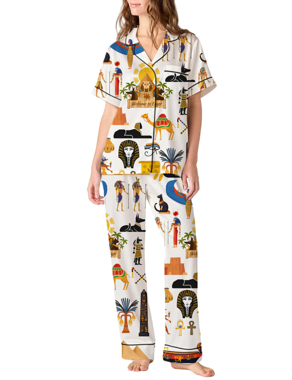 Egypt Travel Silky Satin Pajama Pants Set For Women