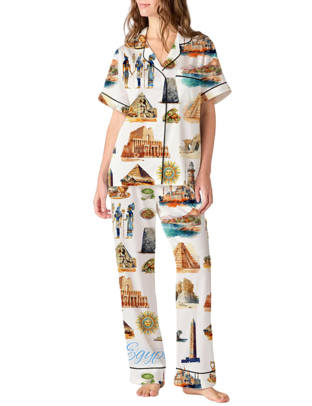Egypt Travel Silky Satin Pajama Pants Set For Women