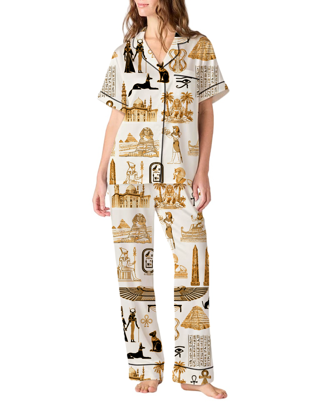 Egypt Travel Toile Silky Satin Pajama Pants Set For Women