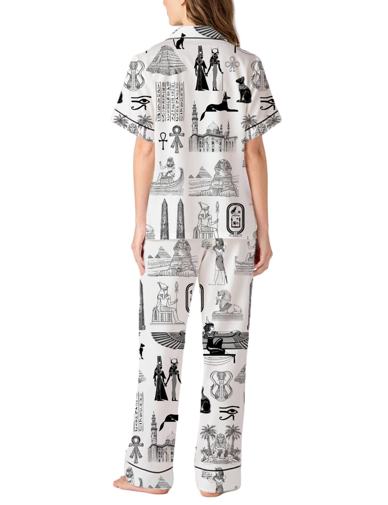 Egypt Travel Toile Silky Satin Pajama Pants Set For Women