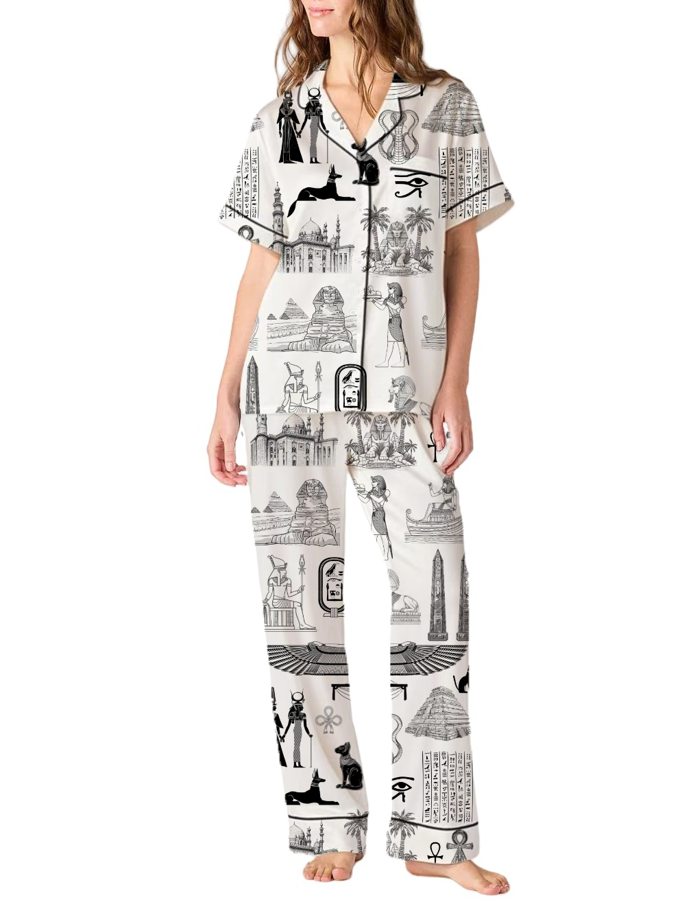 Egypt Travel Toile Silky Satin Pajama Pants Set For Women
