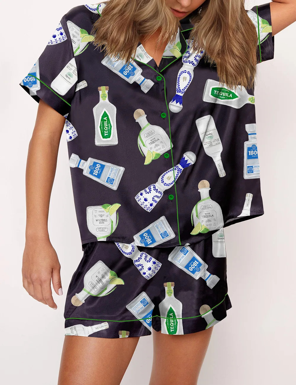 Tequila Bottle Satin Pajama Set For Women	