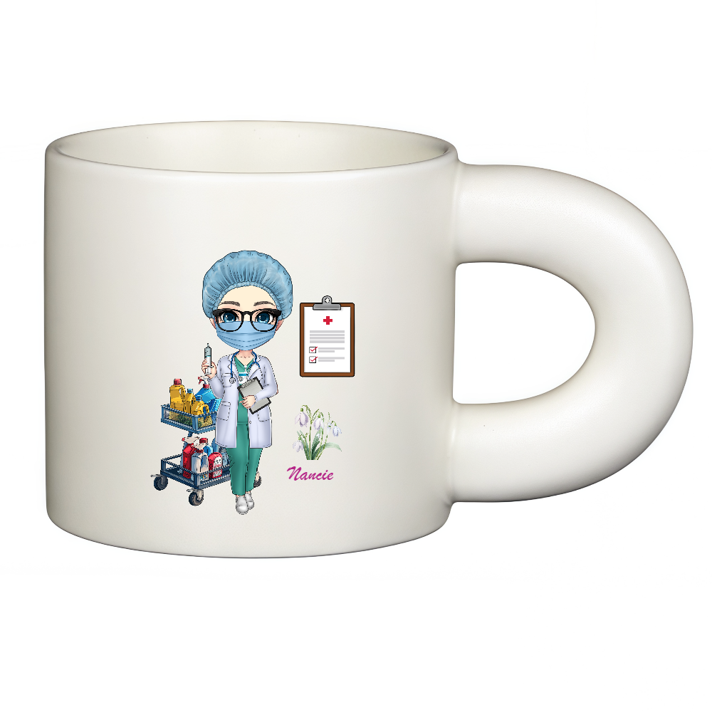 Personalized Doctor Coffee Cup Cartoon Ceramic Mug  With Chubby Big Ear Cup with Birth Flower and Name