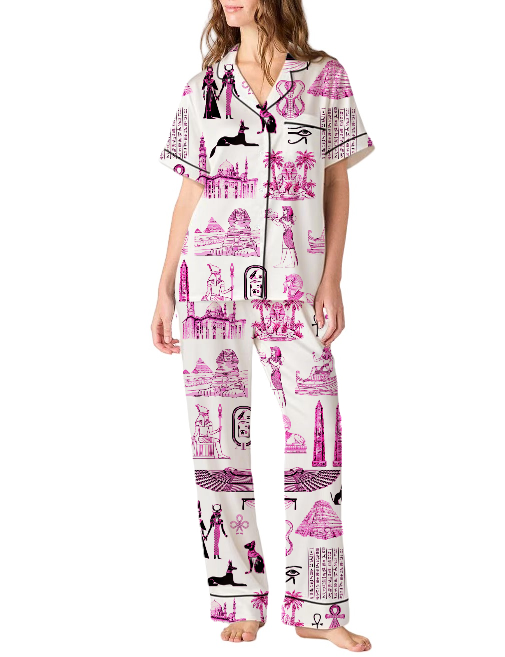 Egypt Travel Toile Silky Satin Pajama Pants Set For Women