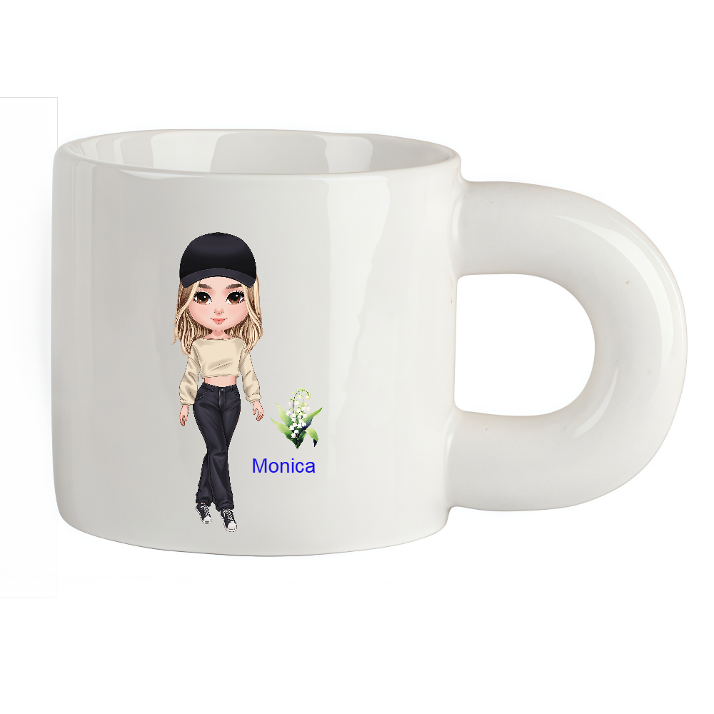 Personalized Cartoon Chili Girl Coffee Cup Cartoon Ceramic Mug Chubby Big Ear Cup With Birth Flower and Name Birthday Gift for Women