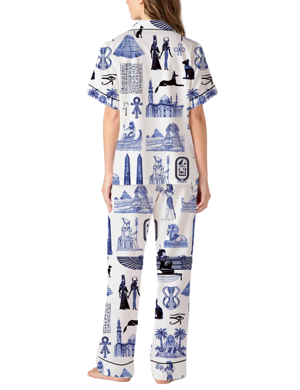 Egypt Travel Toile Silky Satin Pajama Pants Set For Women