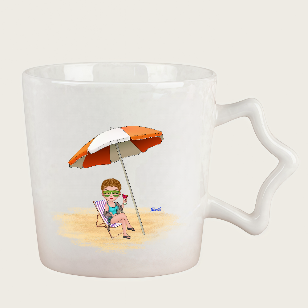 Personalized Cartoon Beach Girl Coffee Cup Ceramic Mug With Star Handle Birthday Gift for Her