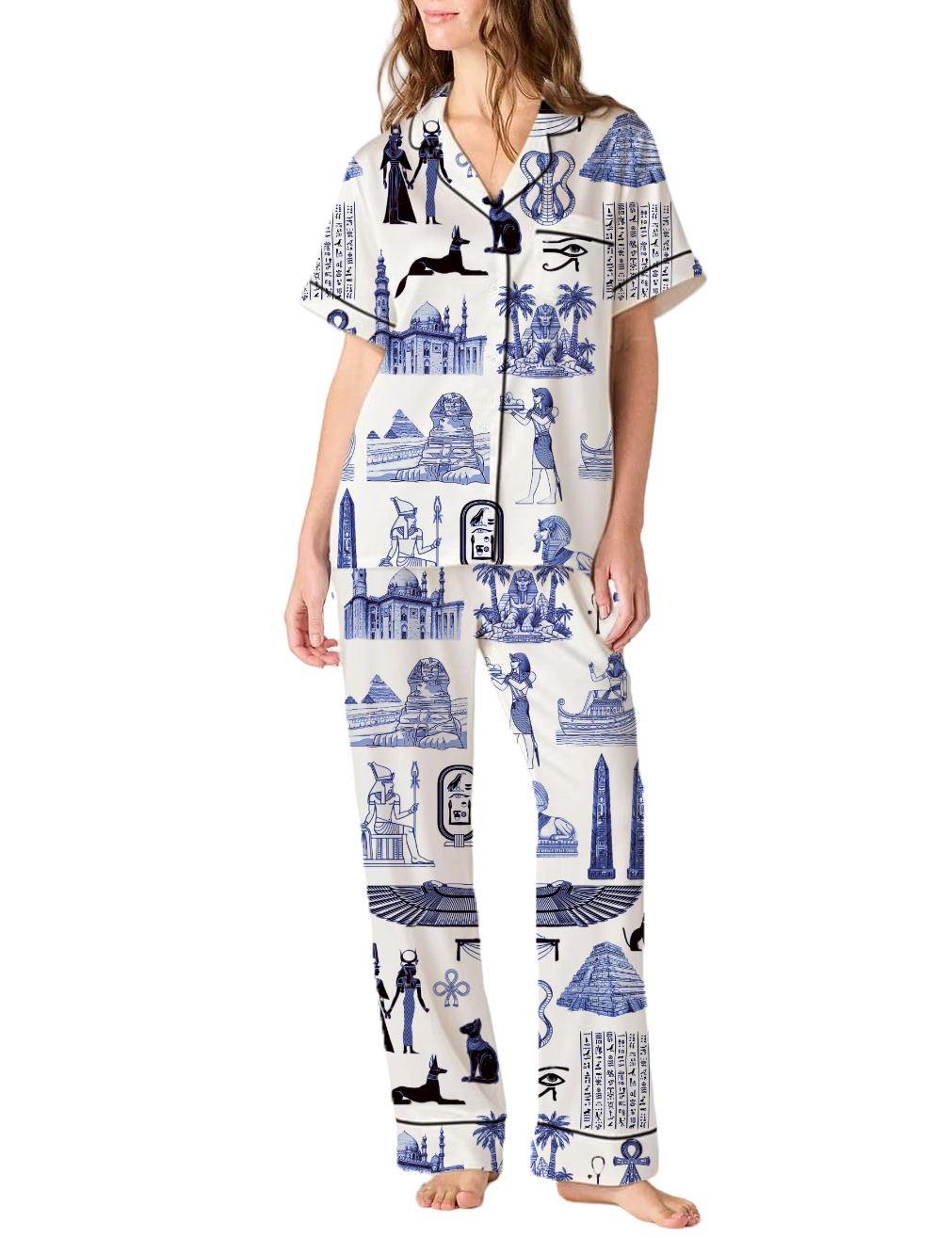 Egypt Travel Toile Silky Satin Pajama Pants Set For Women